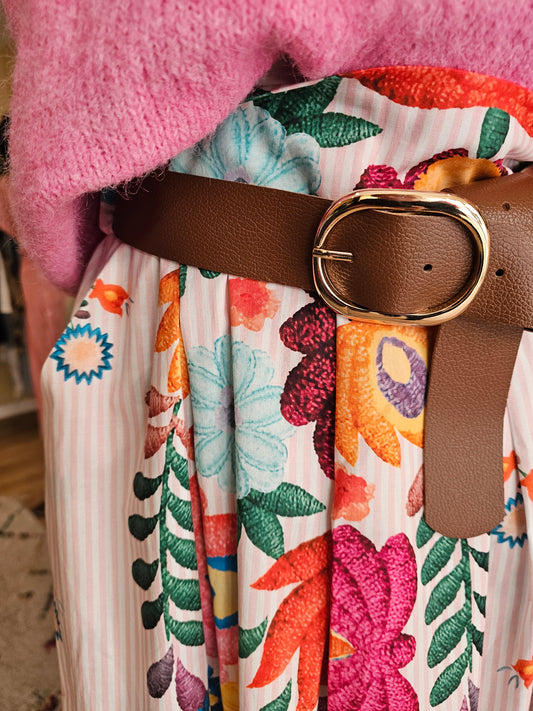 Jupe fleurs et rayures roses johanna Paris