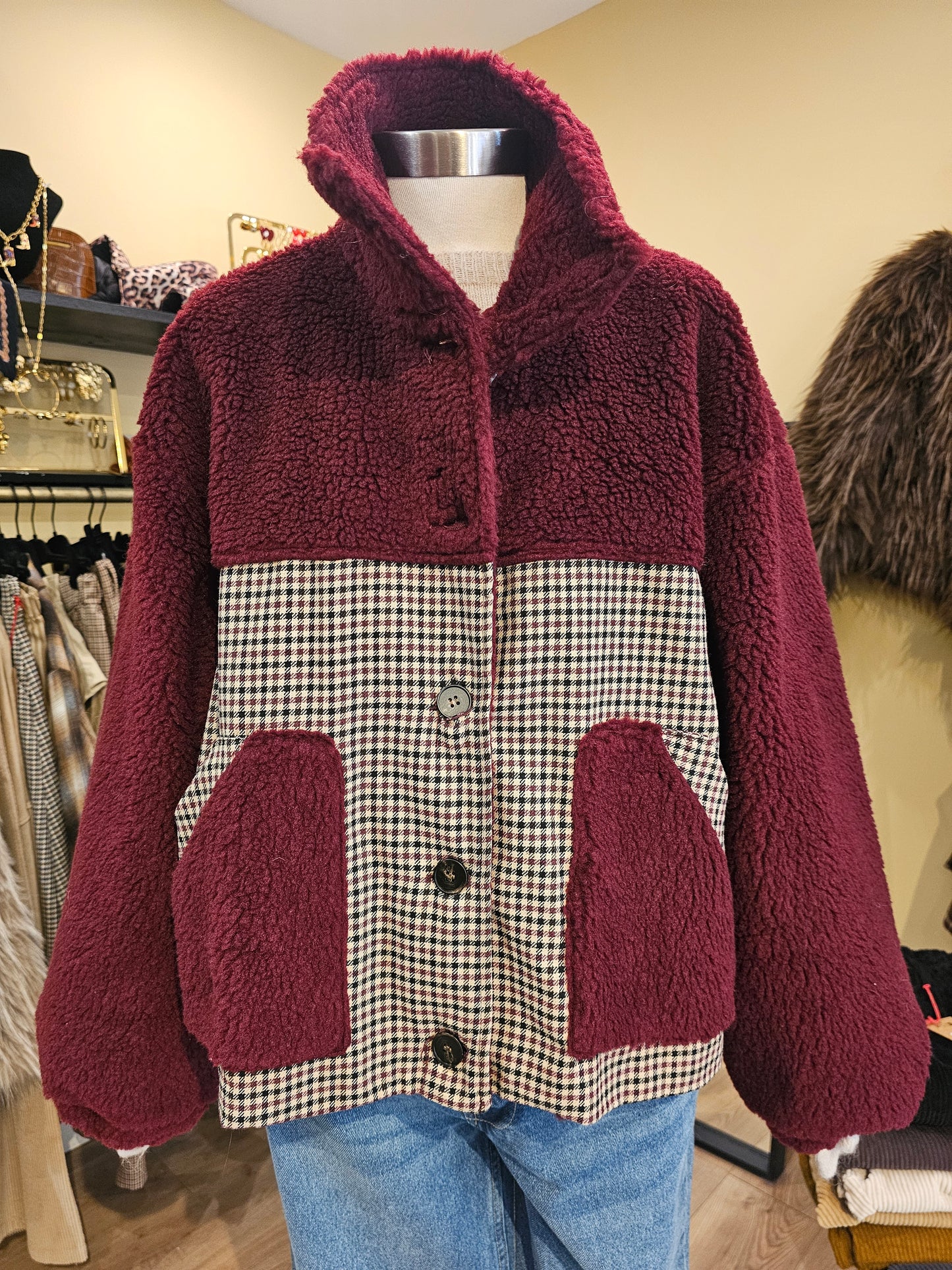 Veste carreaux sherpa bordeaux