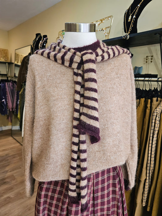 Pull echarpe amovible camel et prune Johanna Paris