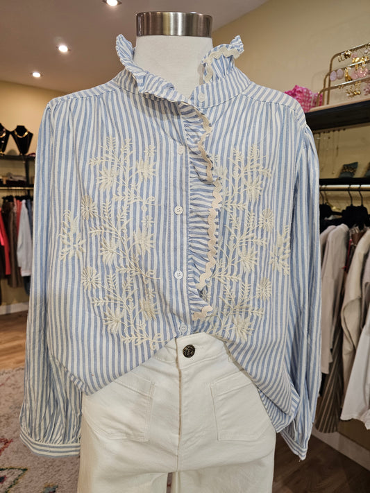 Chemise rayée brodée bleue Johanna Paris