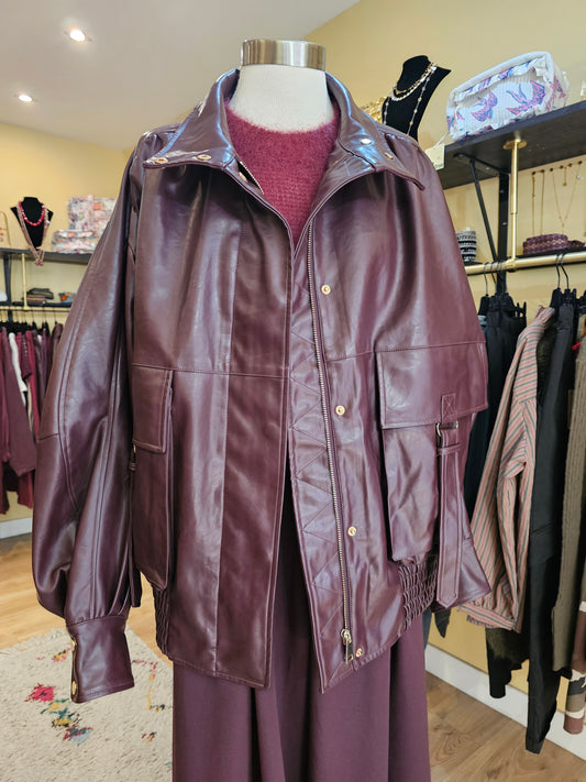 Blouson prune en cuir oversize