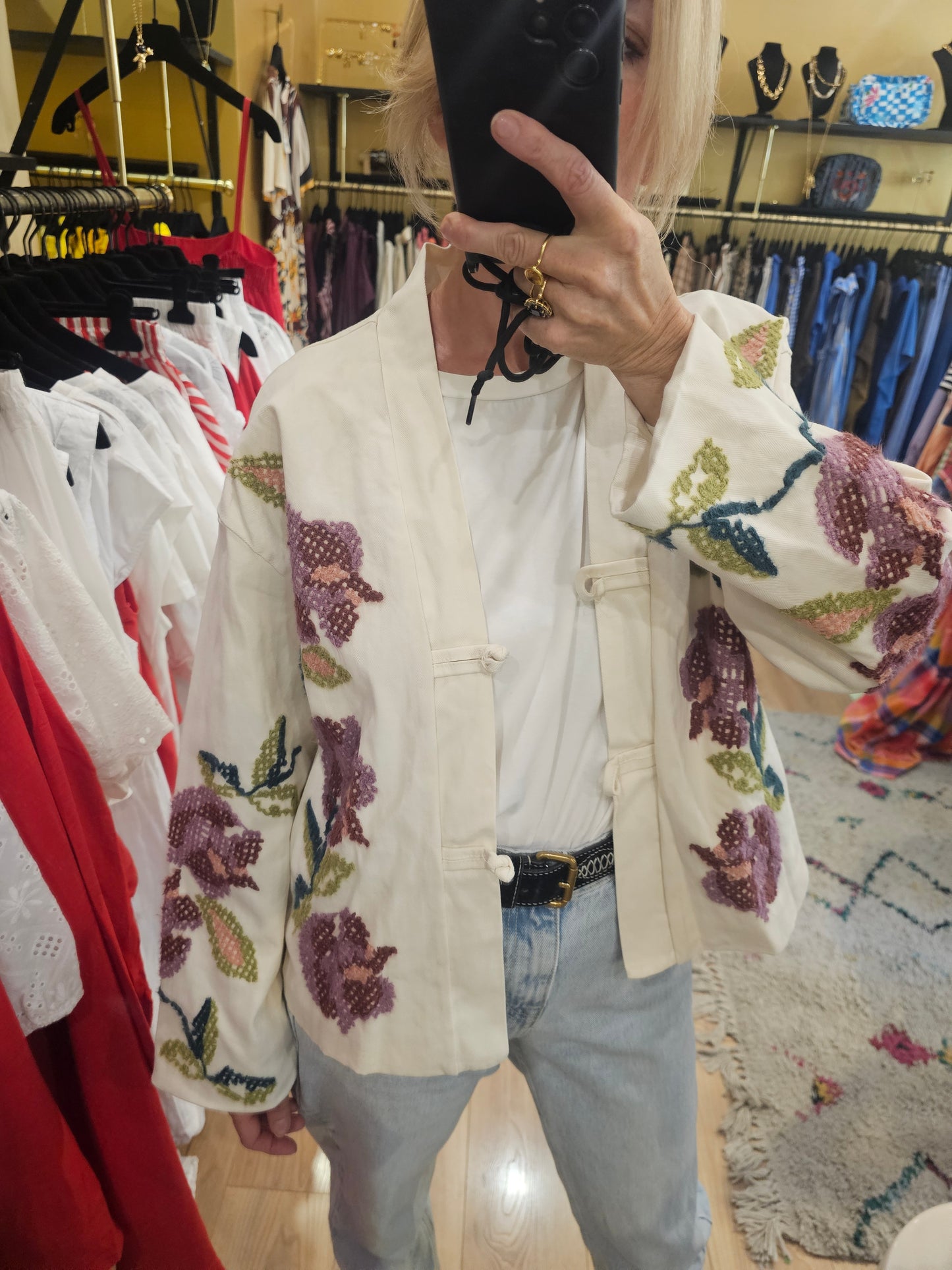 Veste kimono brodé ecrue Johanna Paris