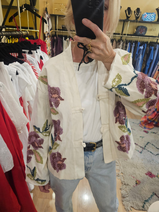 Veste kimono brodé ecrue Johanna Paris