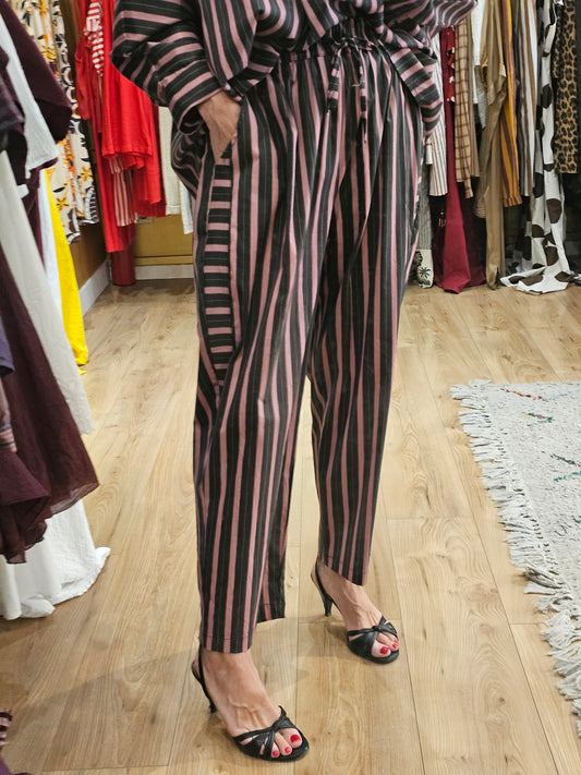 Pantalon rayé kaki et rose Johanna paris